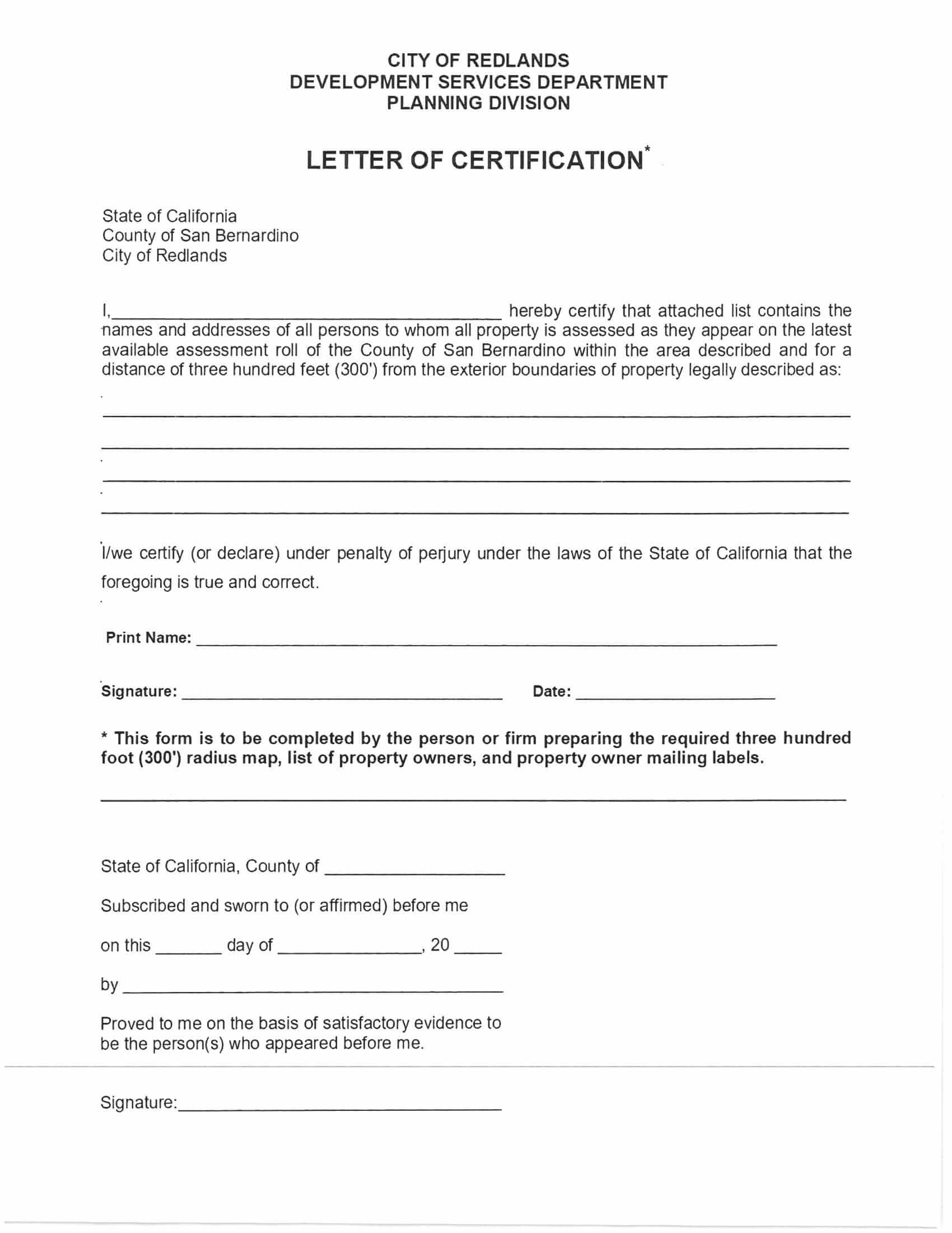 City of Redlands Community Development Department Planning Division Letter of Certification