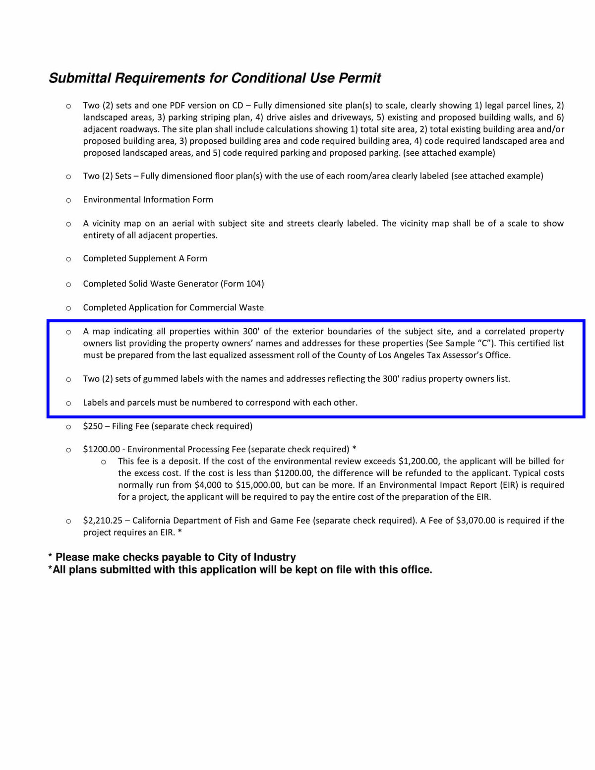 City of Industry requirement for 300-foot radius map, certified property owners list, and two sets of gummed mailing labels