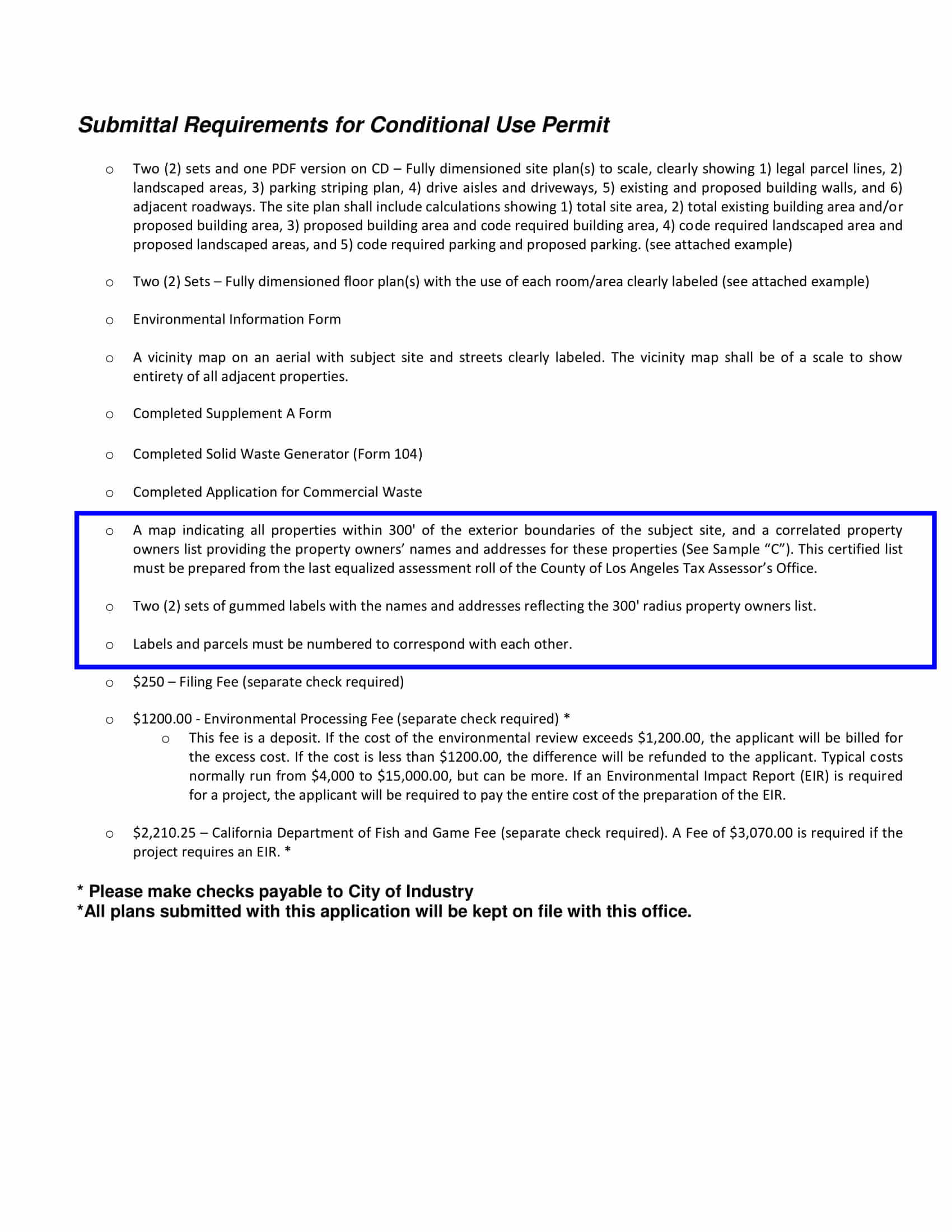 City of Industry requirement for 300-foot radius map, certified property owners list, and two sets of gummed mailing labels