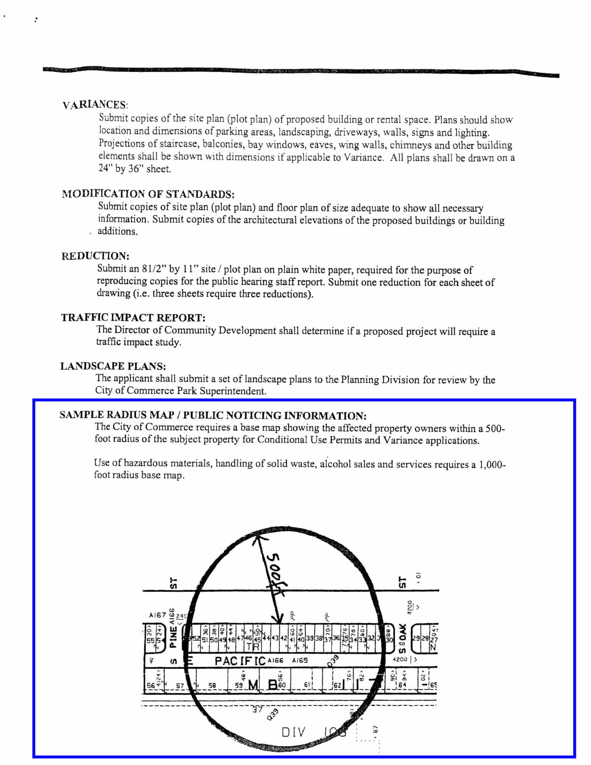 City of Commerce sample 500-foot radius base map showing affected property owners