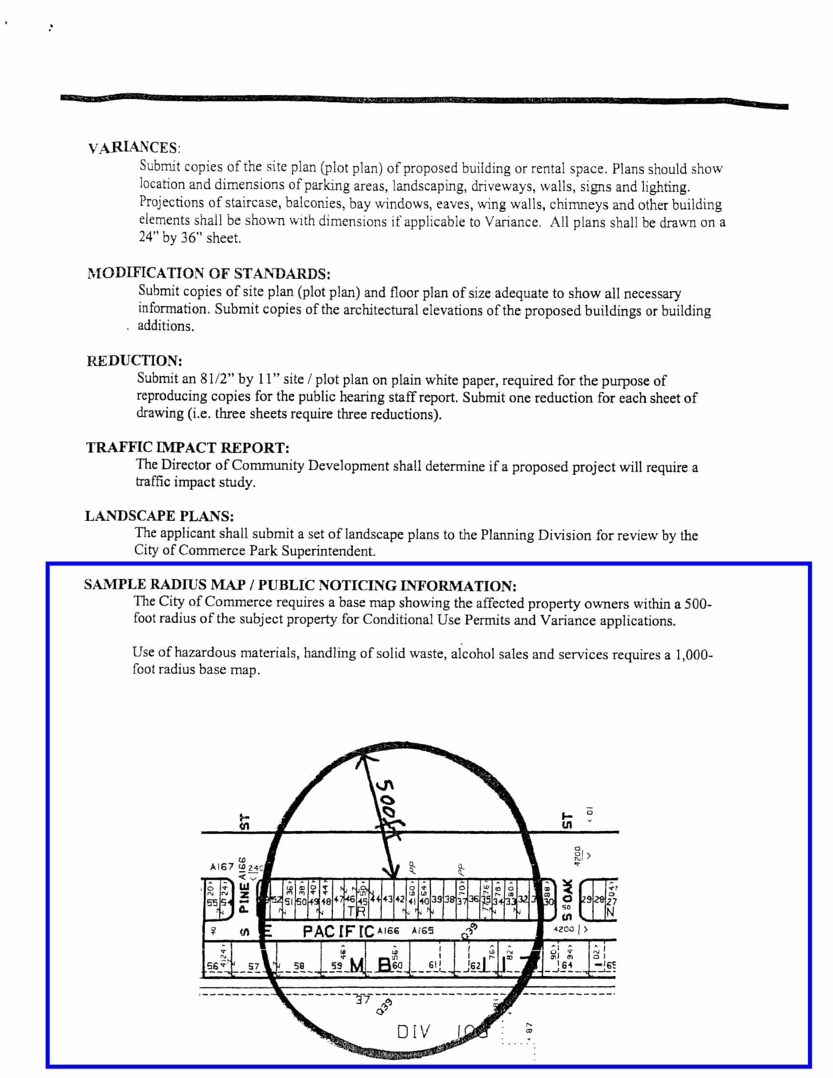 City of Commerce sample 500-foot radius base map showing affected property owners