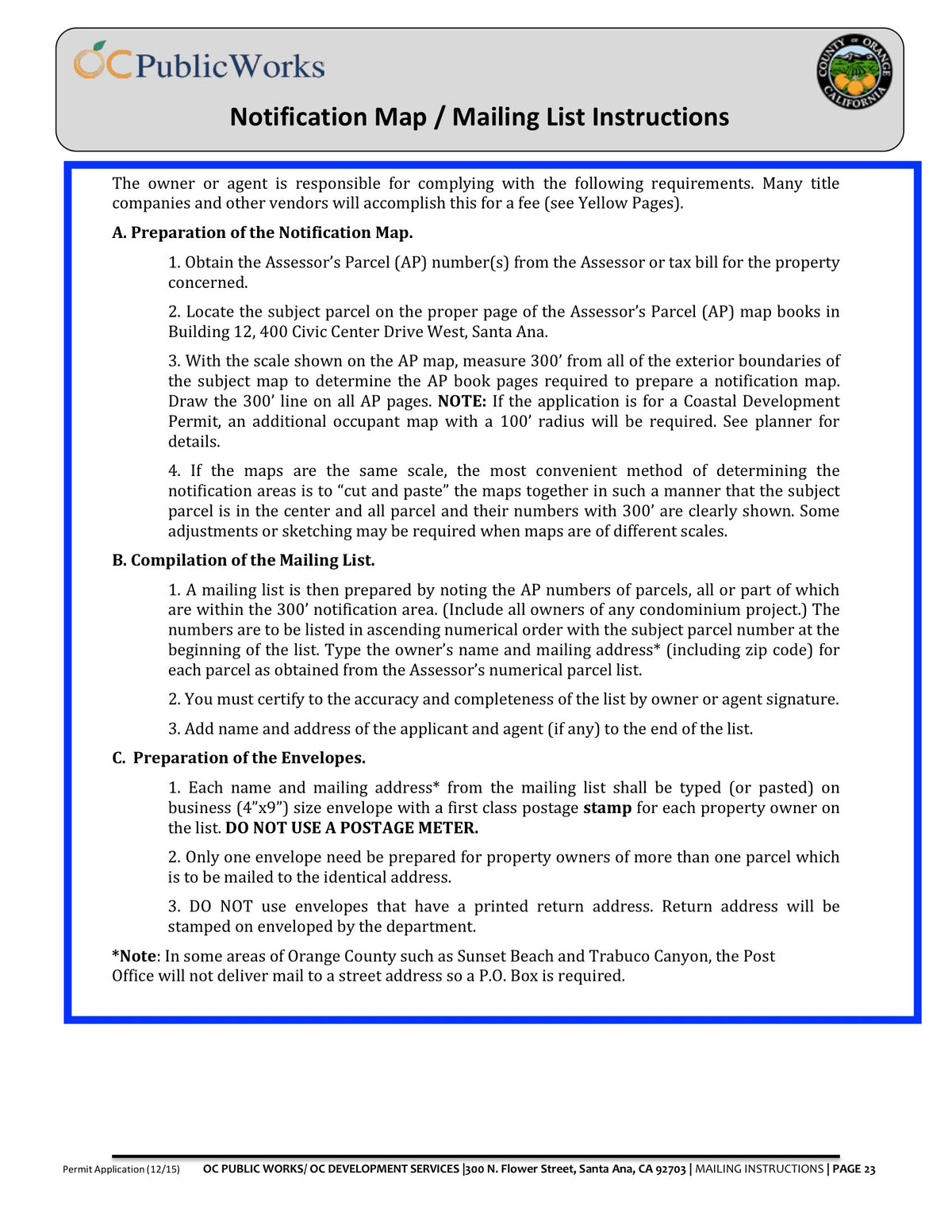County Of Orange-Public Works Package-Planning Application-Radius Map-300 Feet-Property Owner List-Labels