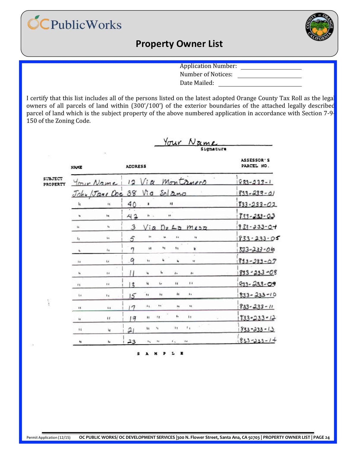 County Of Orange-Public Works Package-Planning Application-Radius Map-300 Feet-Property Owner List-Labels
