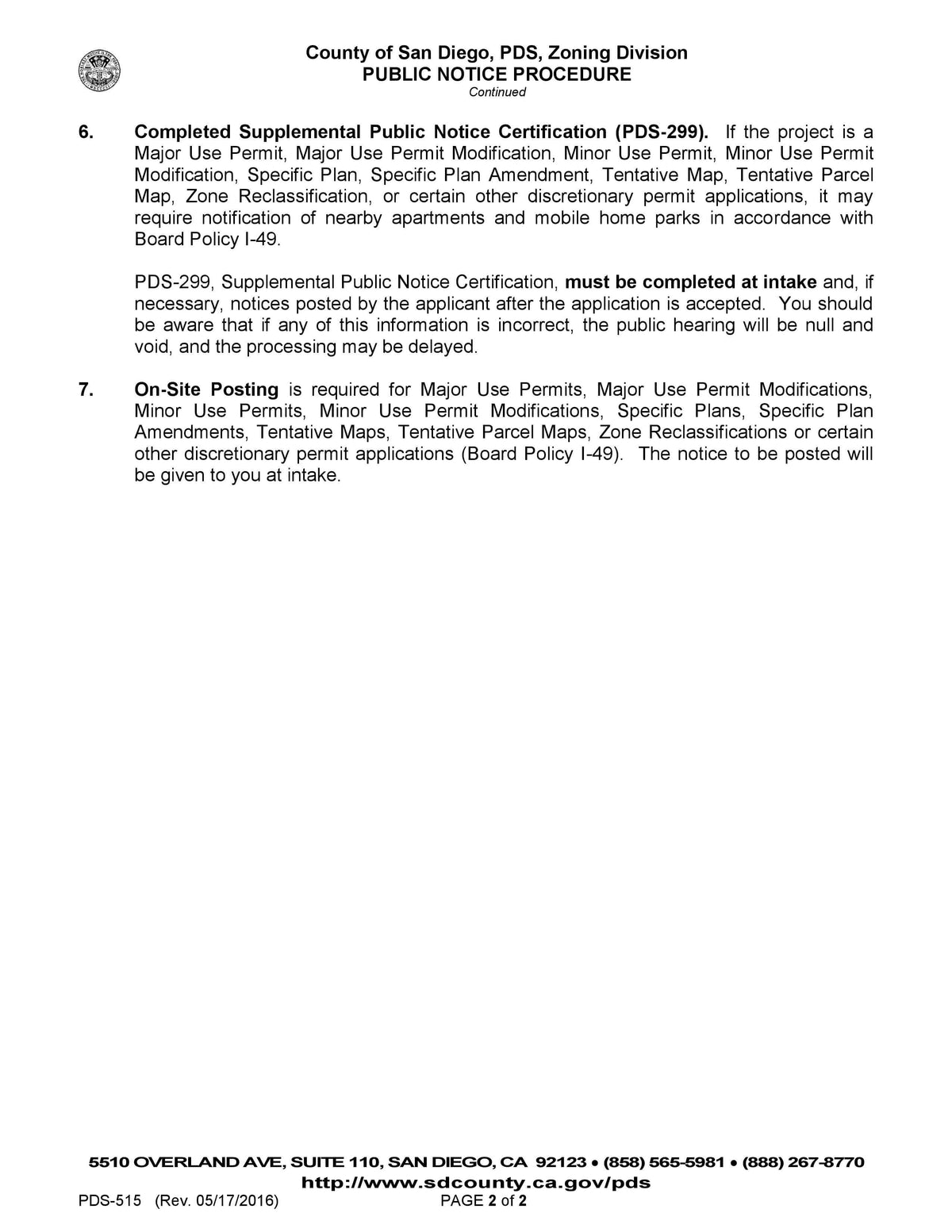 County of San Diego Supplemental Pubic Notice Procedure PDS-515