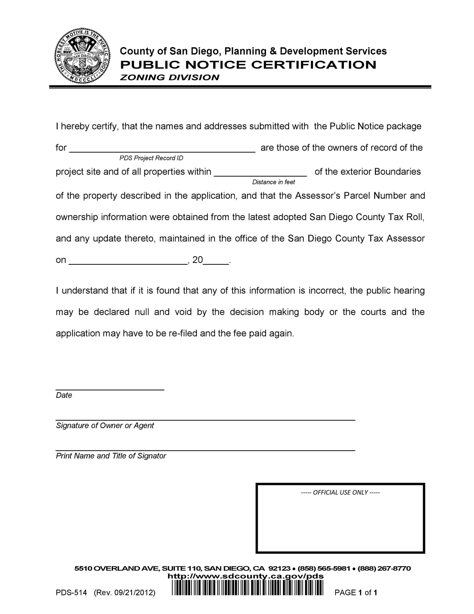 County of San Diego Public Notice Certification PDS-514