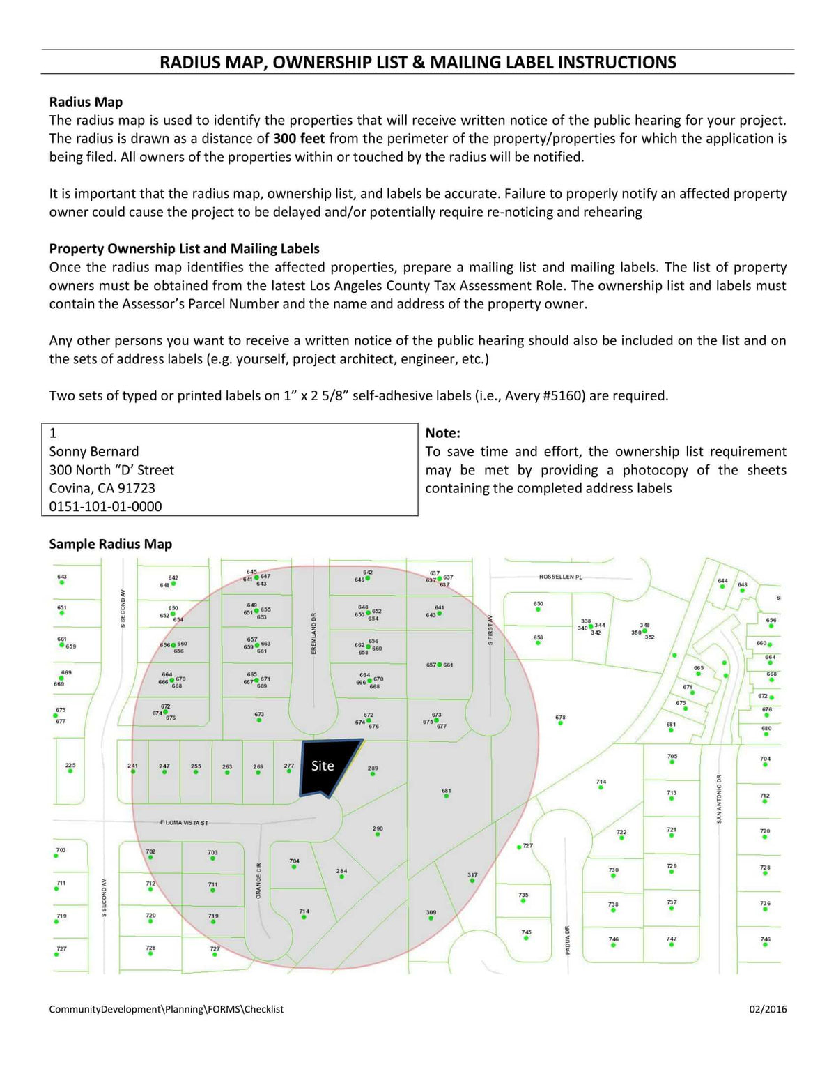 Covina radius map 300 feet with mailing label instructions for public hearing notices