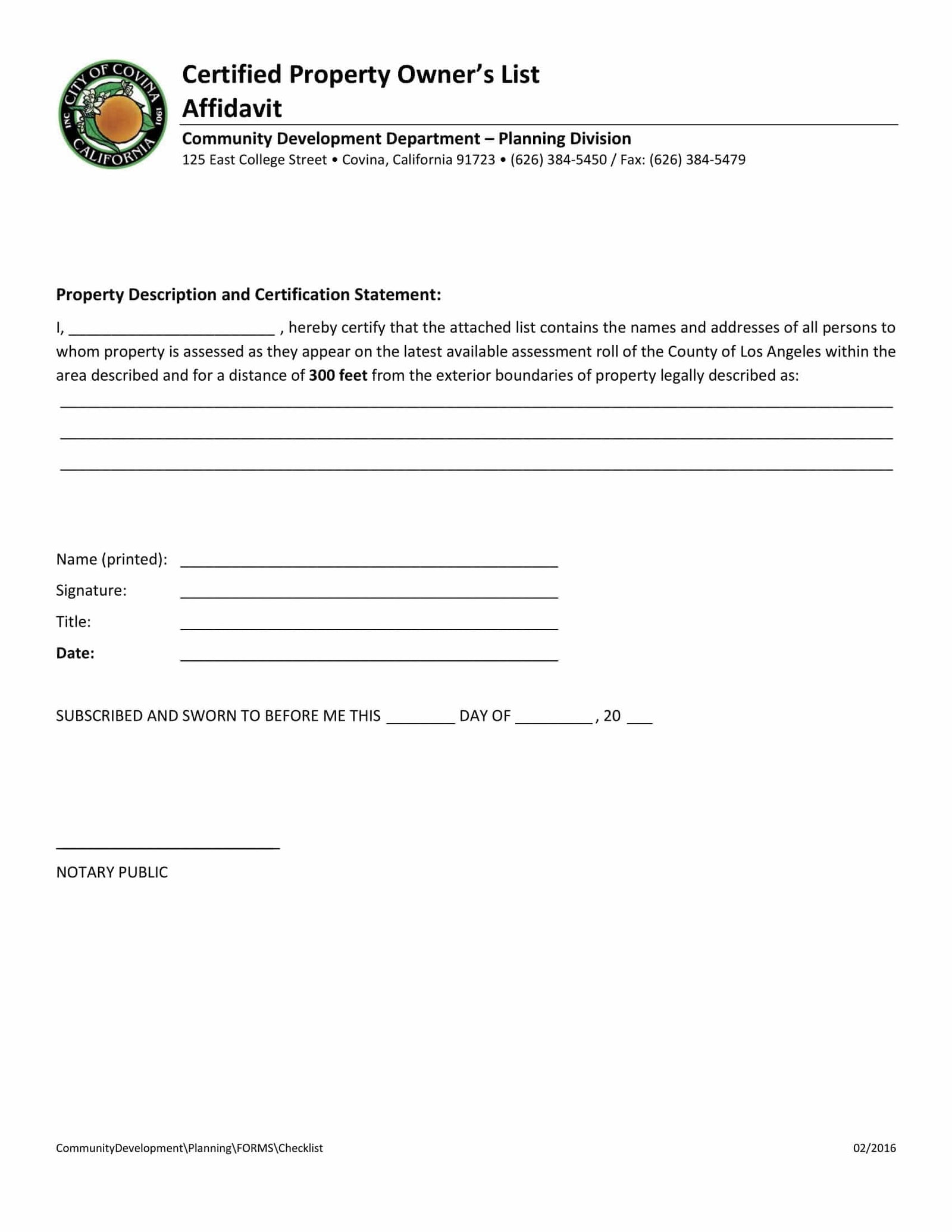 Covina certified property owner’s list affidavit form requiring notarization