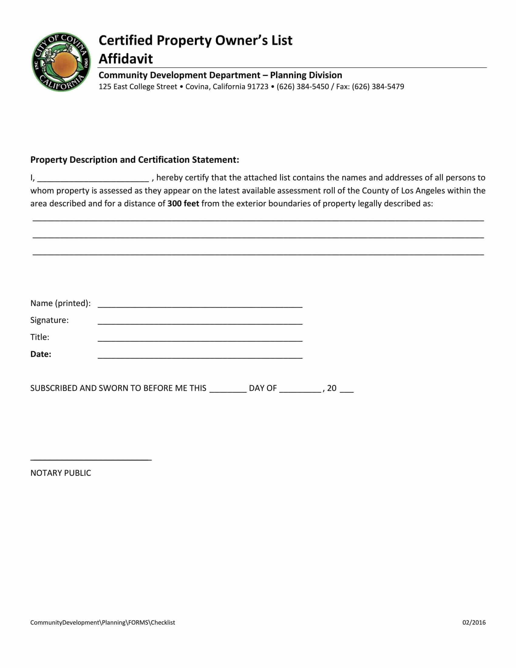 Covina certified property owner’s list affidavit form requiring notarization