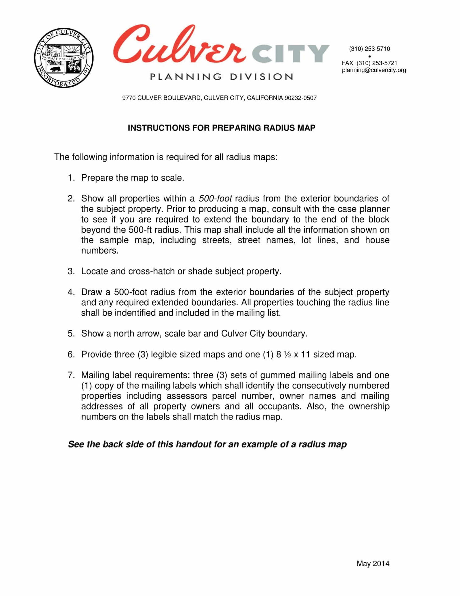 Culver City Planning Division instructions for preparing radius map and gummed mailing labels