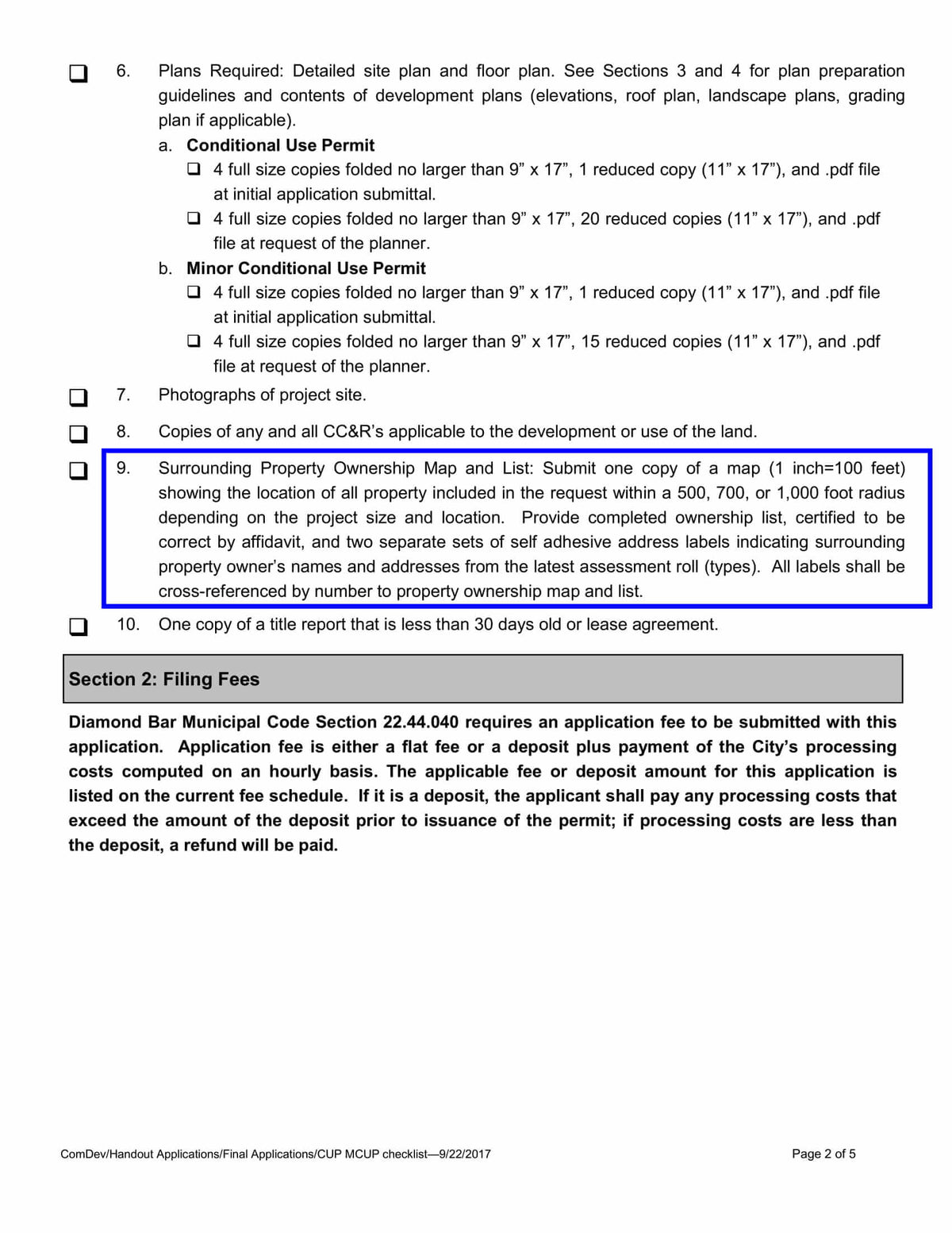 Diamond Bar checklist requiring surrounding property ownership map and list