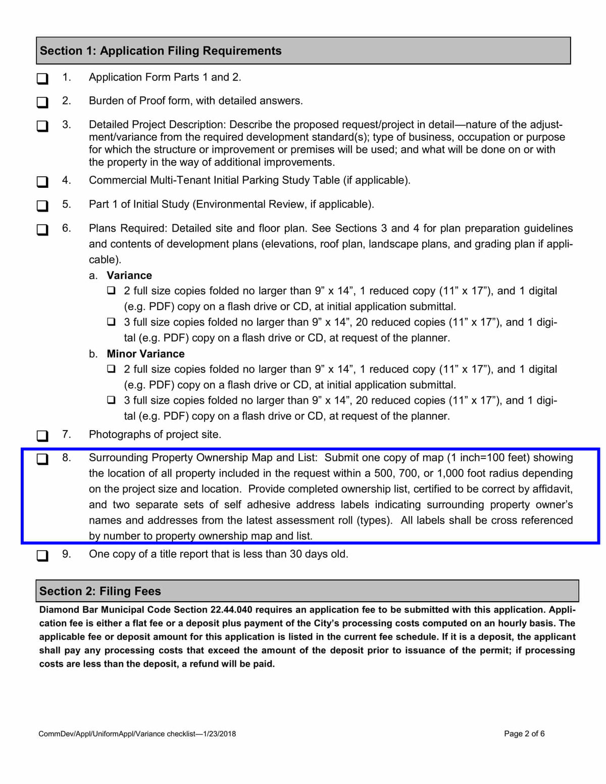 Diamond Bar filing requirements page showing ownership map and list
