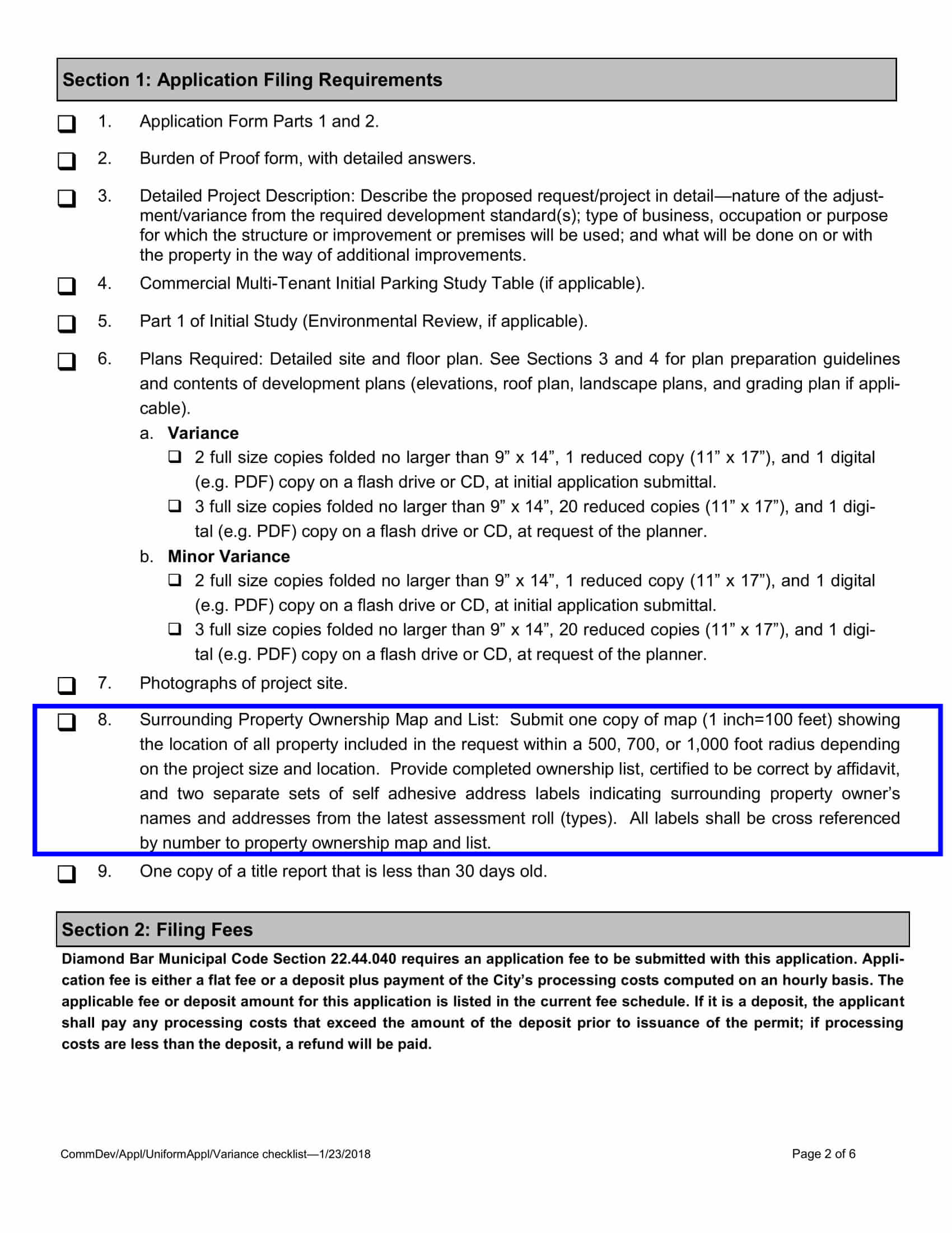 Diamond Bar filing requirements page showing ownership map and list