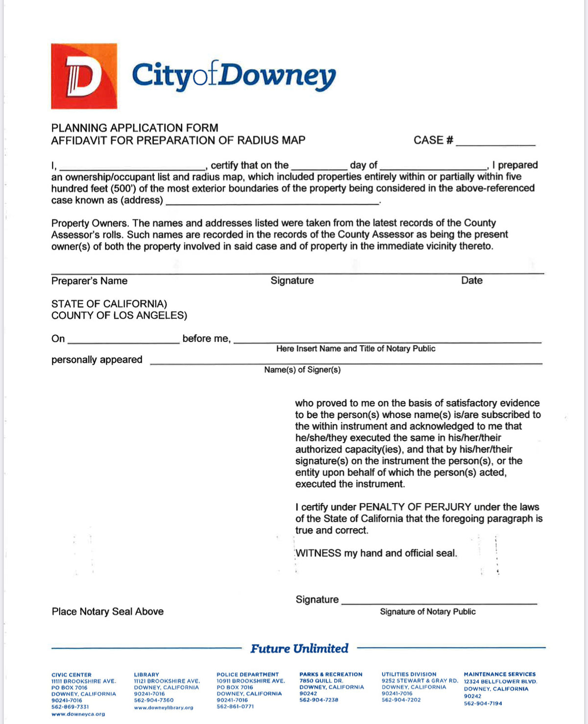 Downey Certified Property Owners List Affidavit for notarization and certification