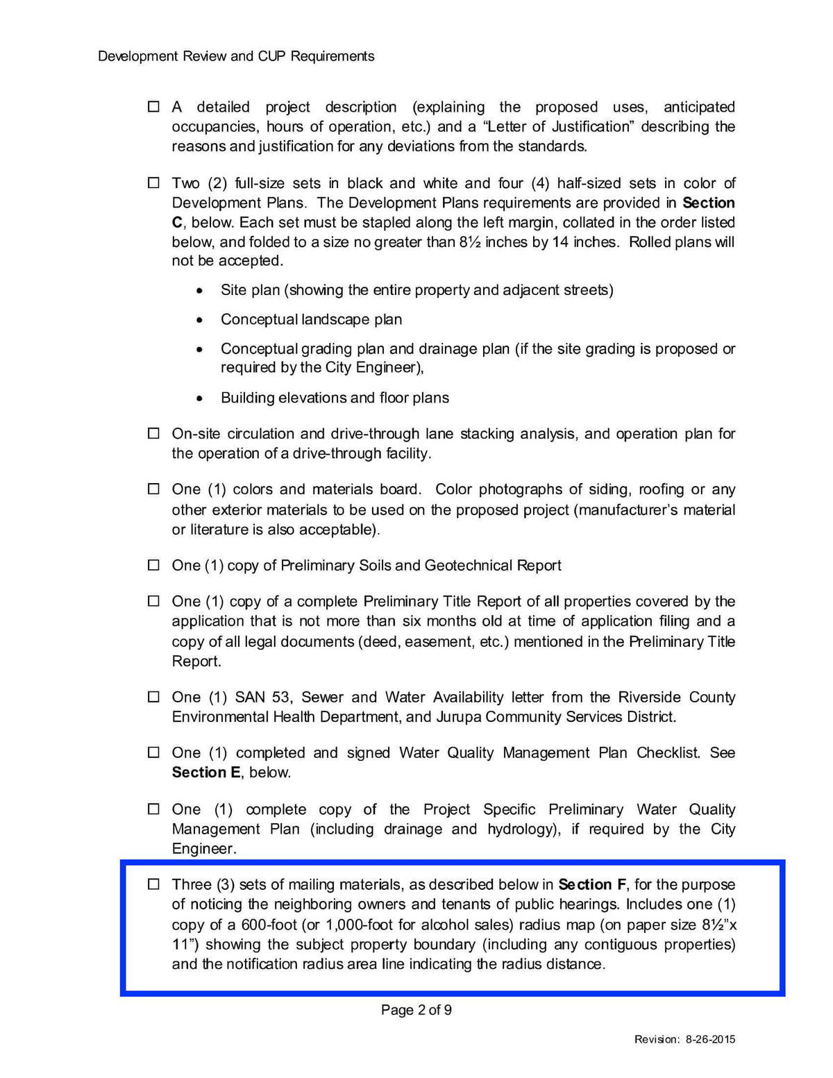 Eastvale Development Review CUP Requirements Mailing Materials Radius Map 600 Foot 1000 Foot Property Owner List Labels. Section F
