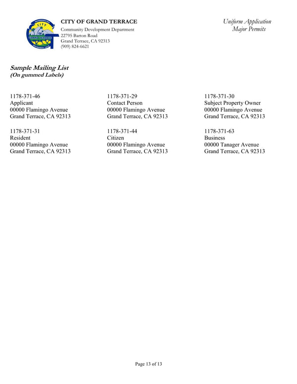 Grand Terrace Mailing List and Radius Map Uniform Application Major