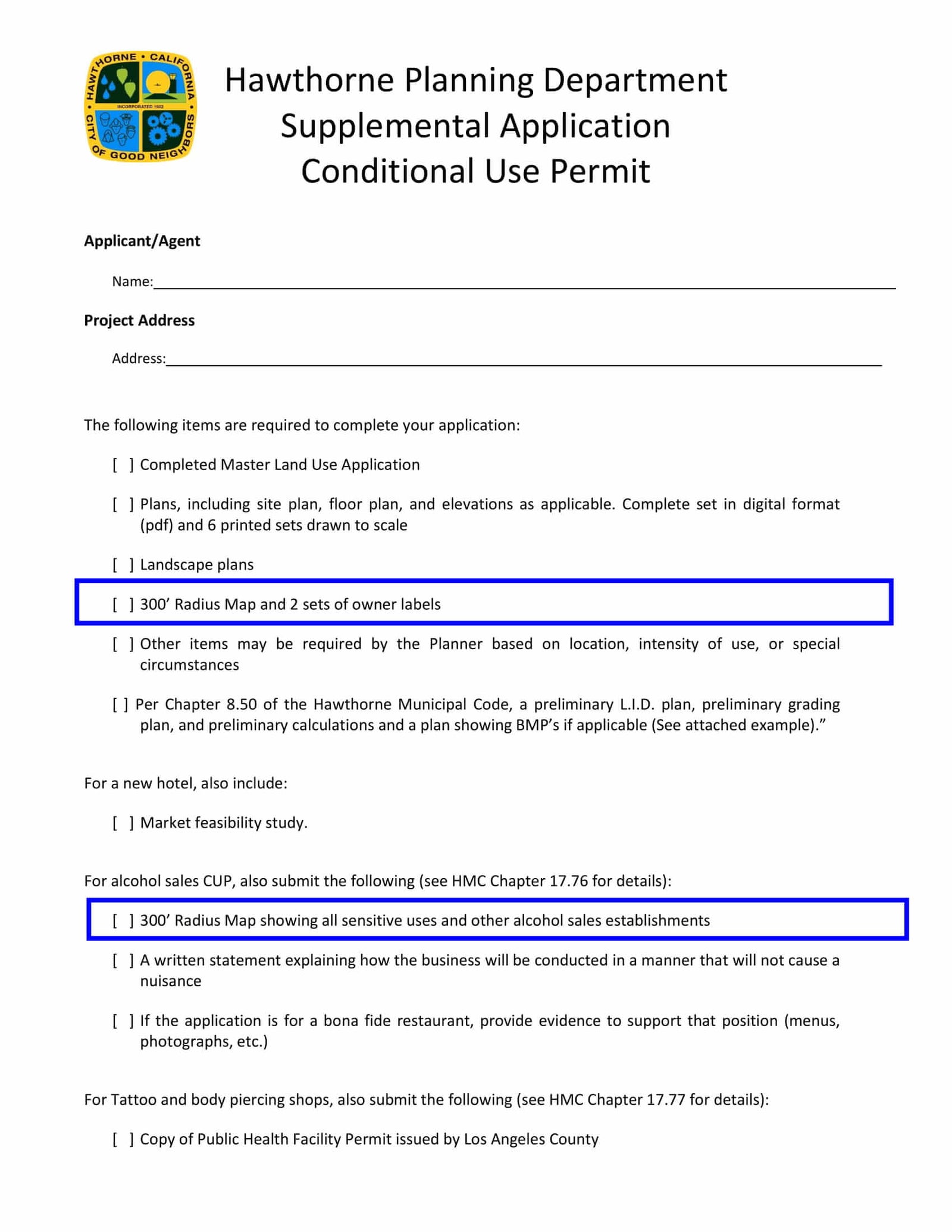 Hawthorne conditional use permit requirement for 300-foot radius map and two sets of property owner mailing labels