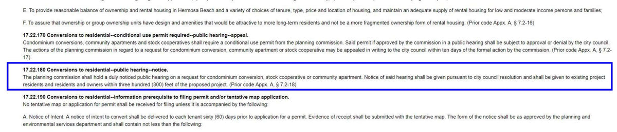 Hermosa Beach requirement for public hearing notice to residents and owners within 300 feet for residential conversions