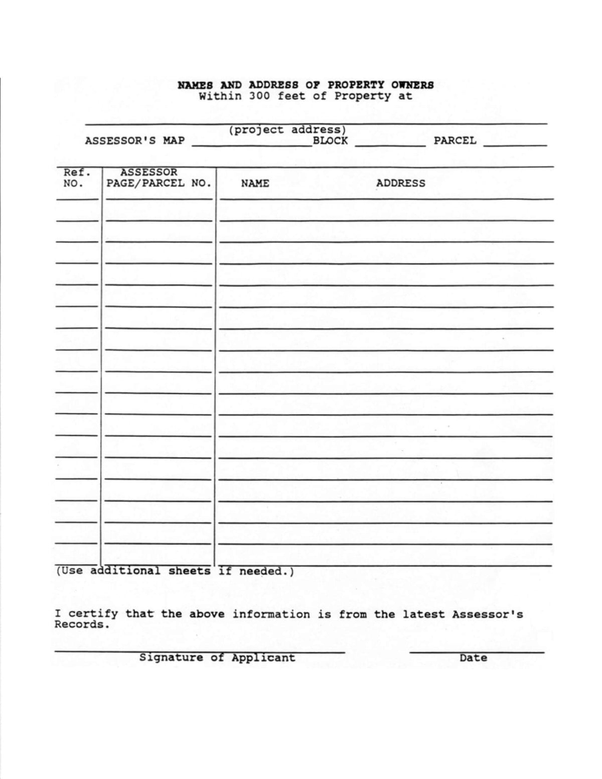 Huntington Park form for listing names and addresses of property owners within 300 feet of subject property