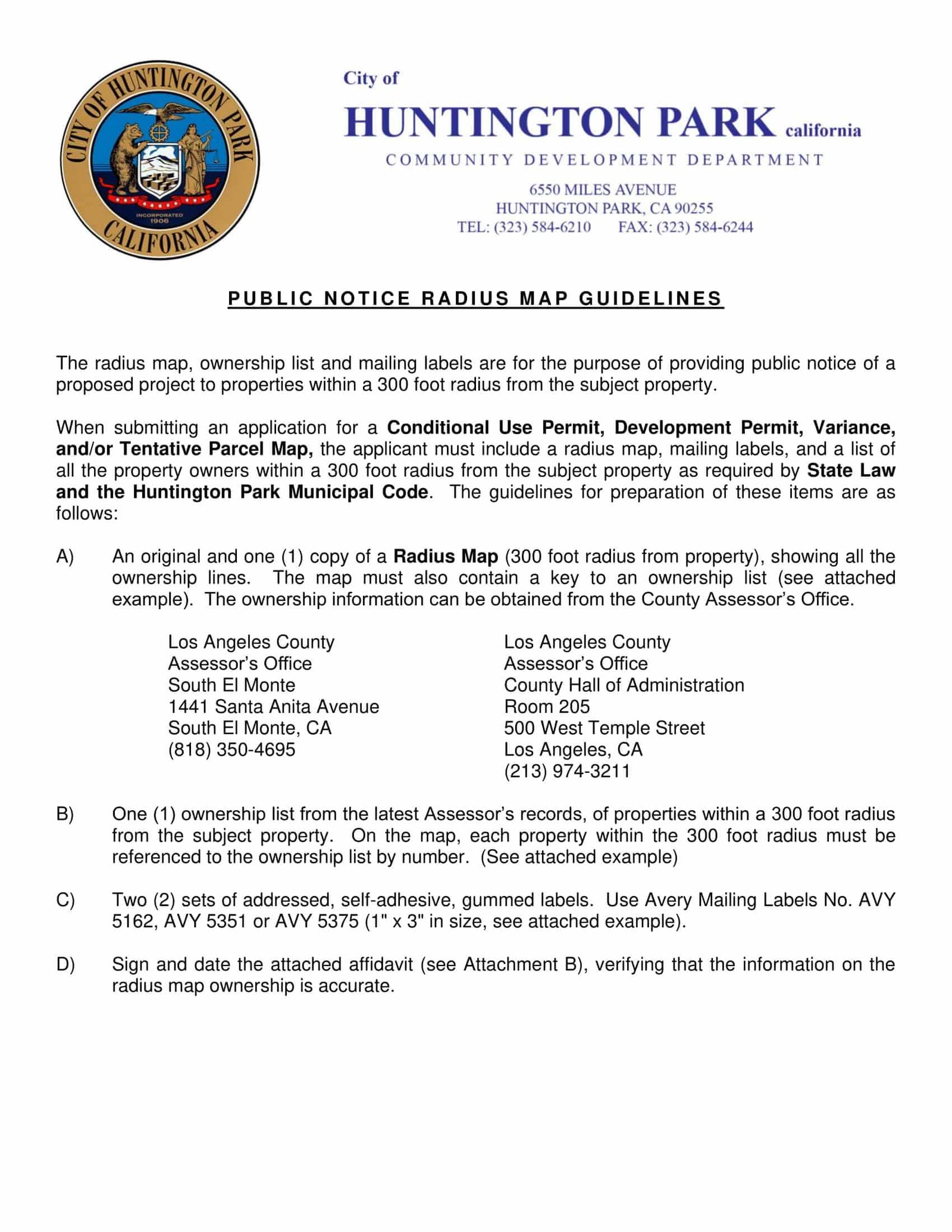 Huntington Park public notice guidelines for 300-foot radius map, property owners list, mailing labels, and affidavit