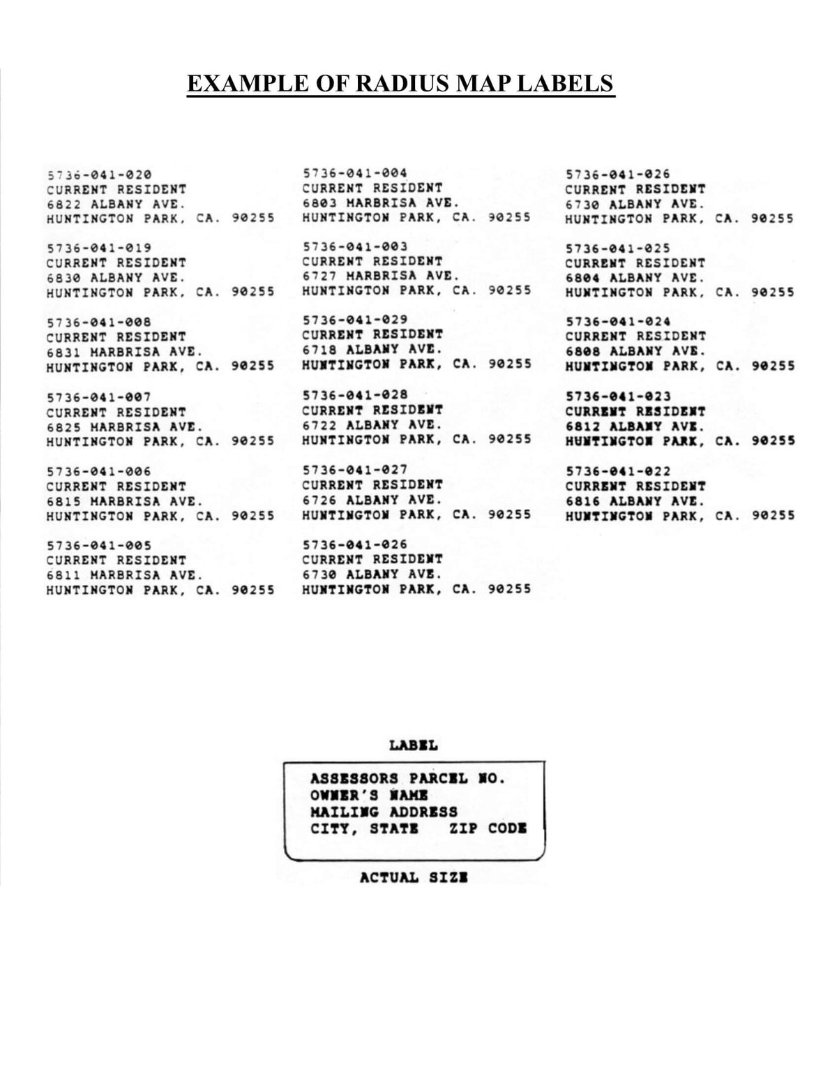 Huntington Park example mailing labels with Assessor’s parcel numbers, owner names, and addresses.