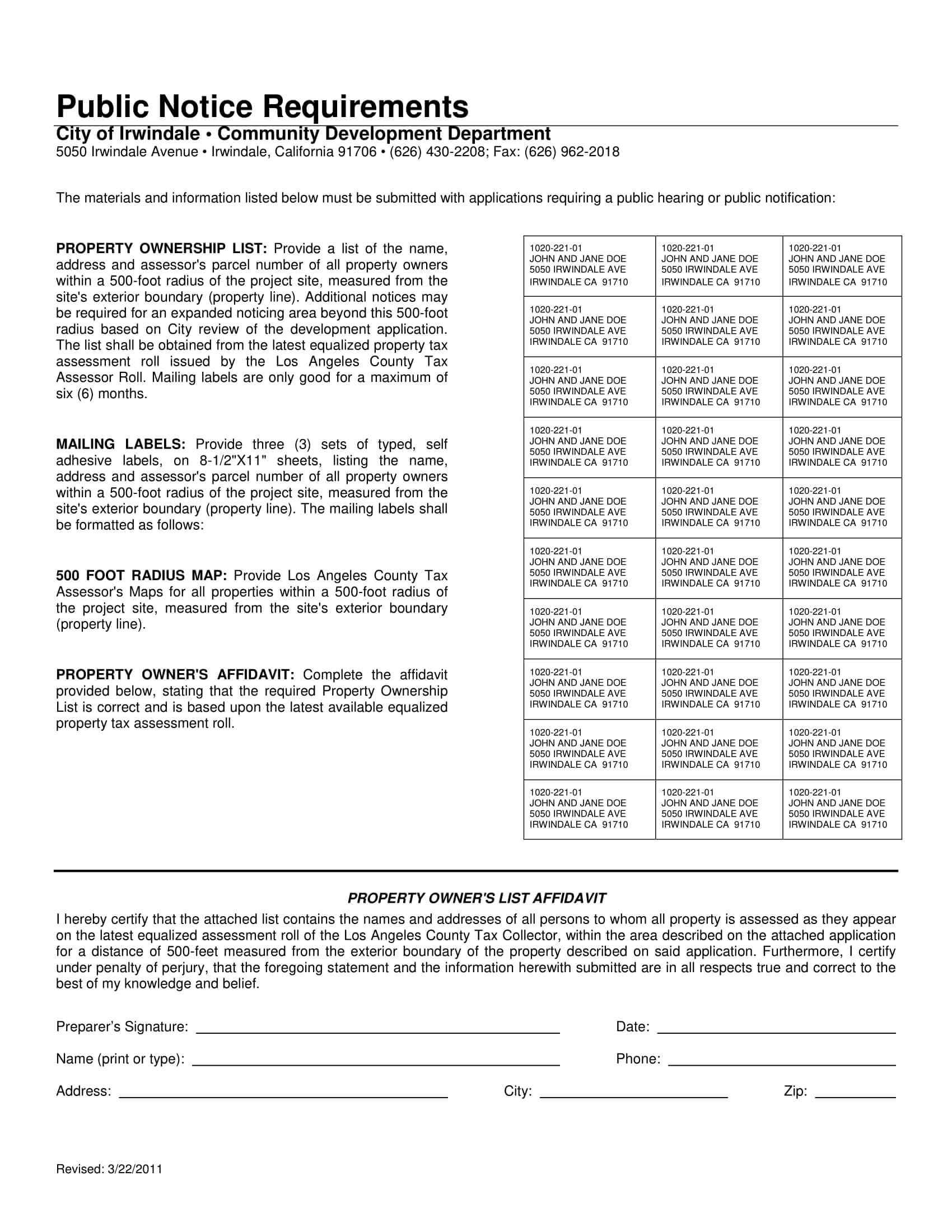 Irwindale-Public Notice-Radius Map-Property Owner List-500 Foot-Labels