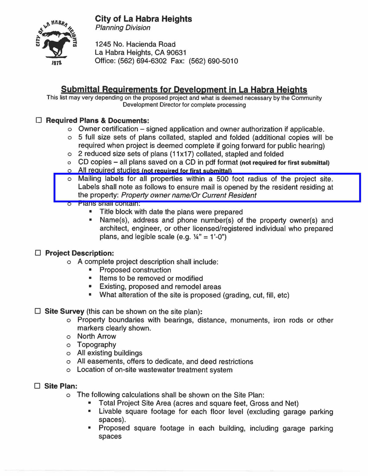 La Habra Heights planning requirements for mailing labels covering all properties within 500 feet