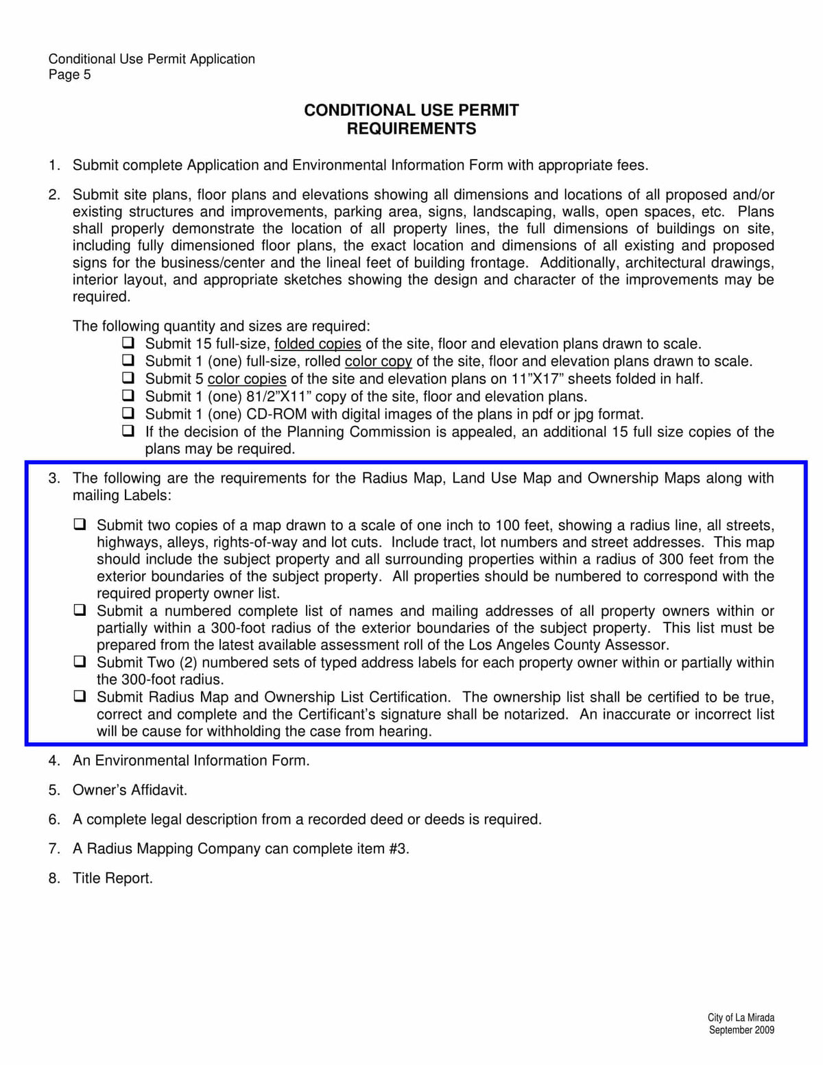 La Mirada conditional use permit requirements for 300-foot radius map, property owners list, mailing labels, and notarized certification