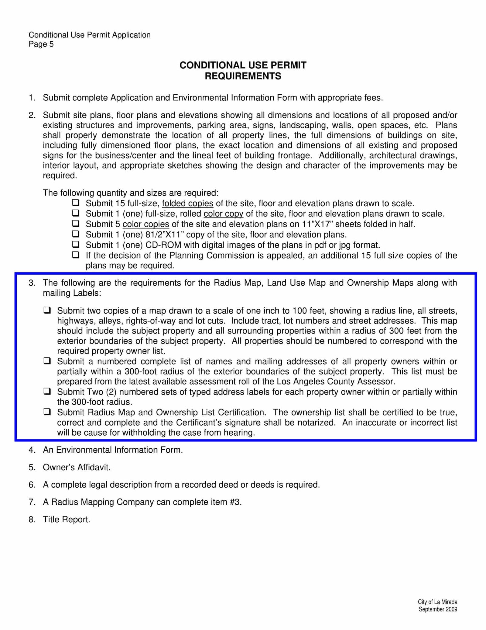 La Mirada conditional use permit requirements for 300-foot radius map, property owners list, mailing labels, and notarized certification