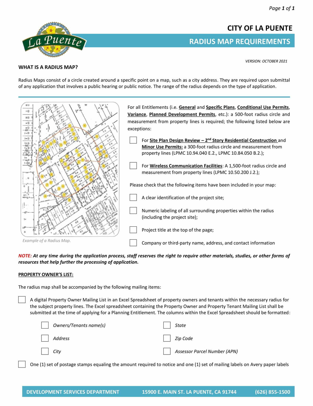 La Puente requirements for radius maps with 500ft, 300ft, and 1500 ft options, plus property owner and tenant mailing list in Excel with mailing labels