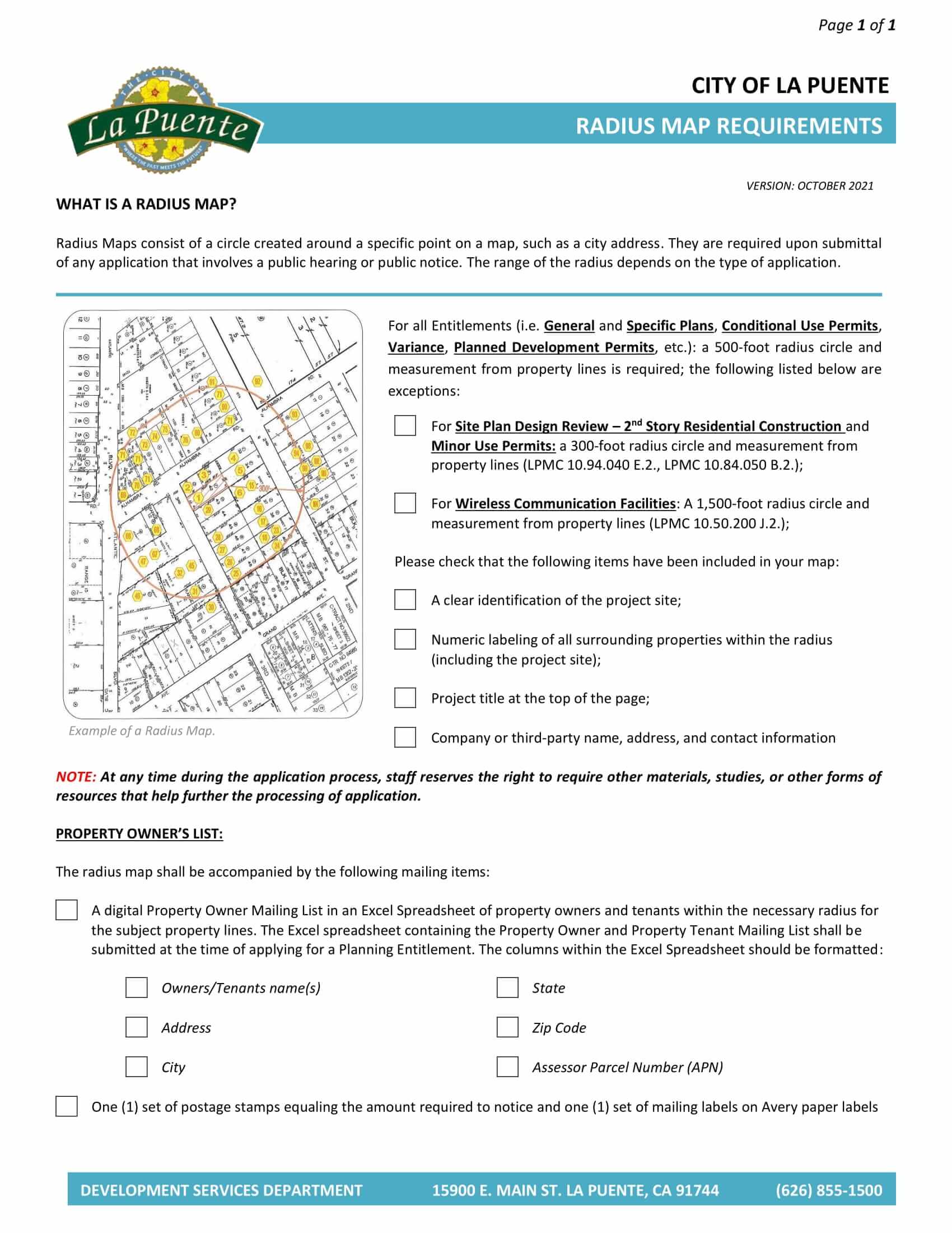 La Puente requirements for radius maps with 500ft, 300ft, and 1500 ft options, plus property owner and tenant mailing list in Excel with mailing labels