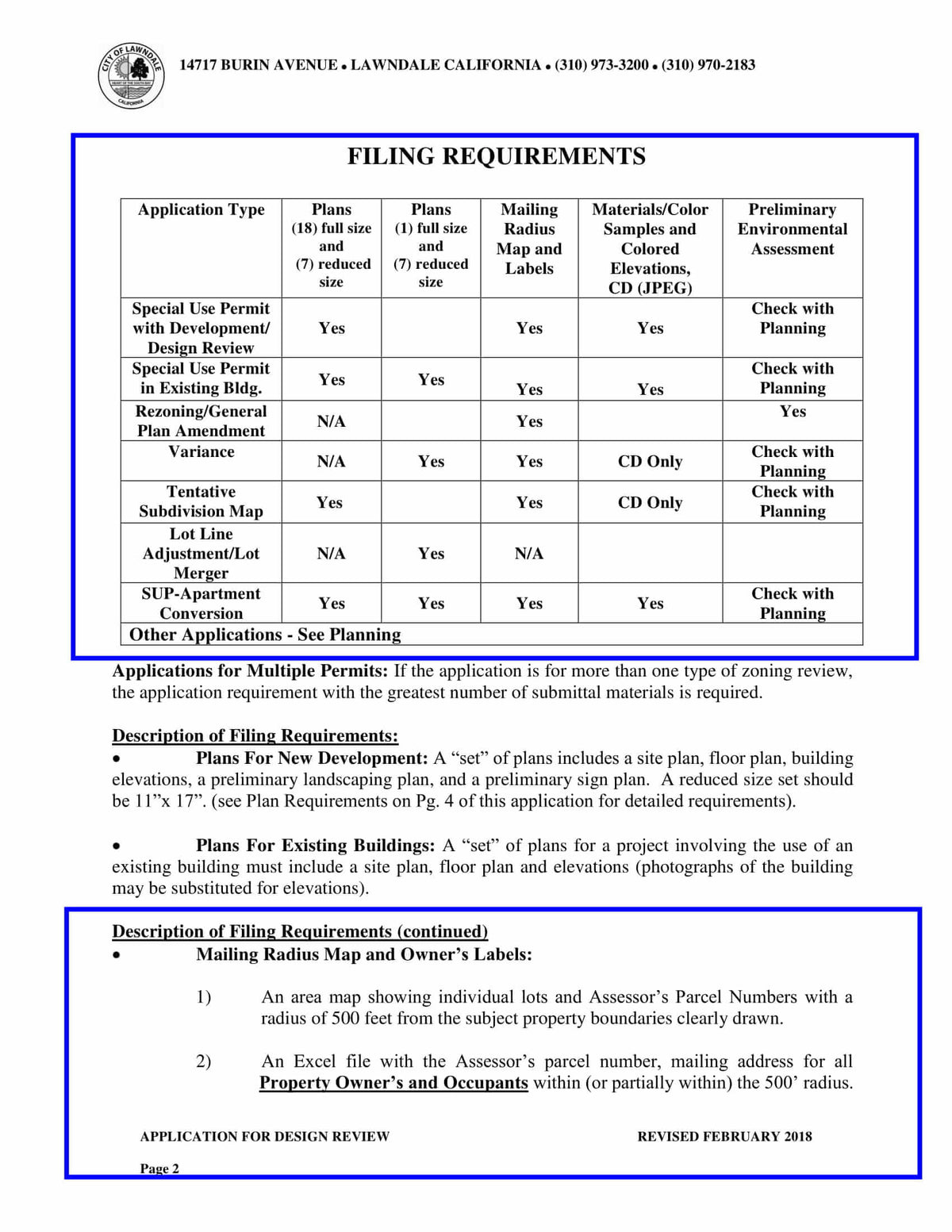 Application filing requirements chart for Lawndale design review including 500-foot radius map and owner labels