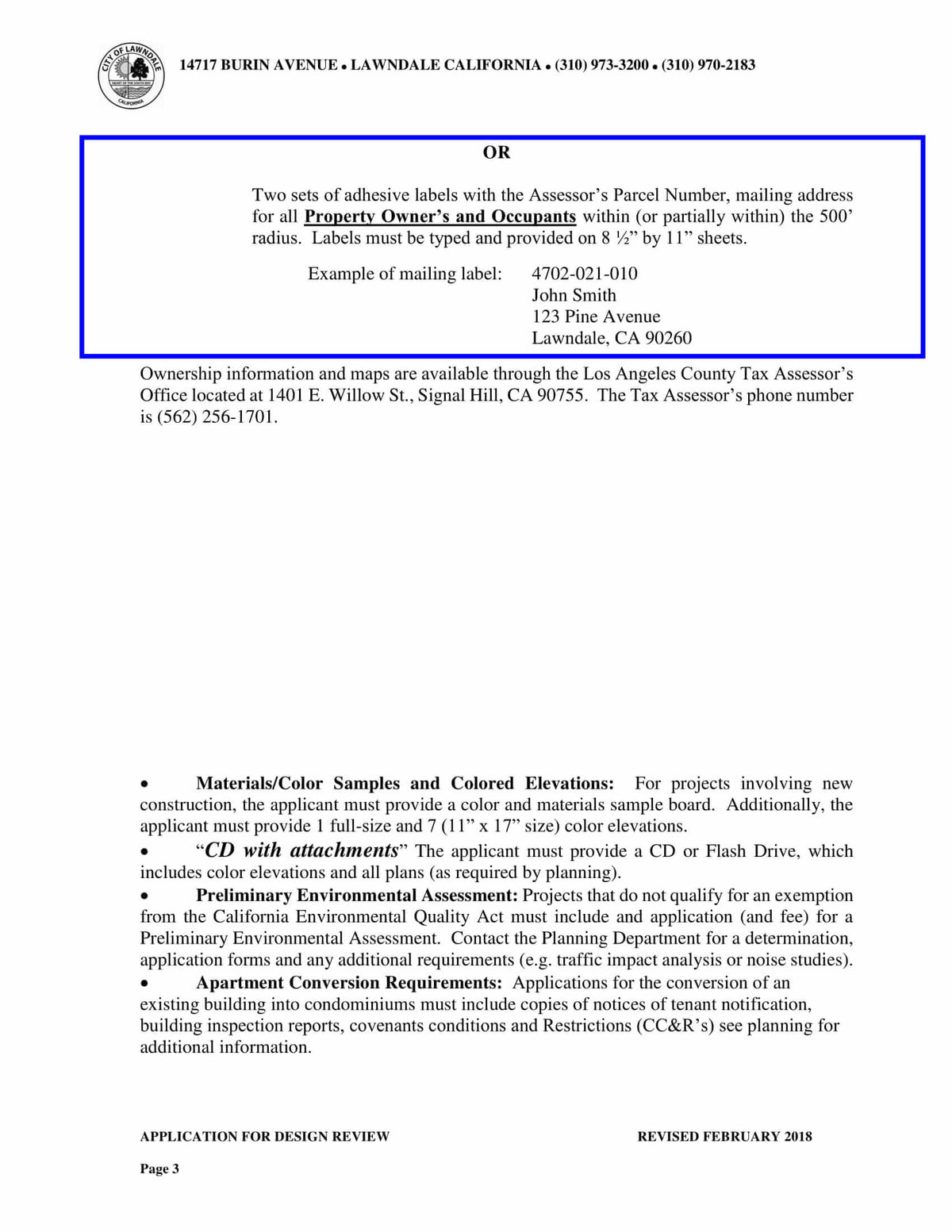 Example of mailing label format for Lawndale planning showing property owner and occupant information within 500-foot radius