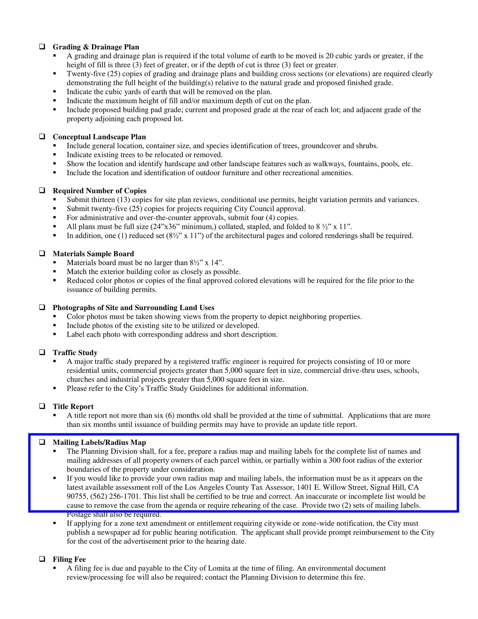 Filing requirements for Lomita showing certified property owner list, mailing labels, and affidavit details
