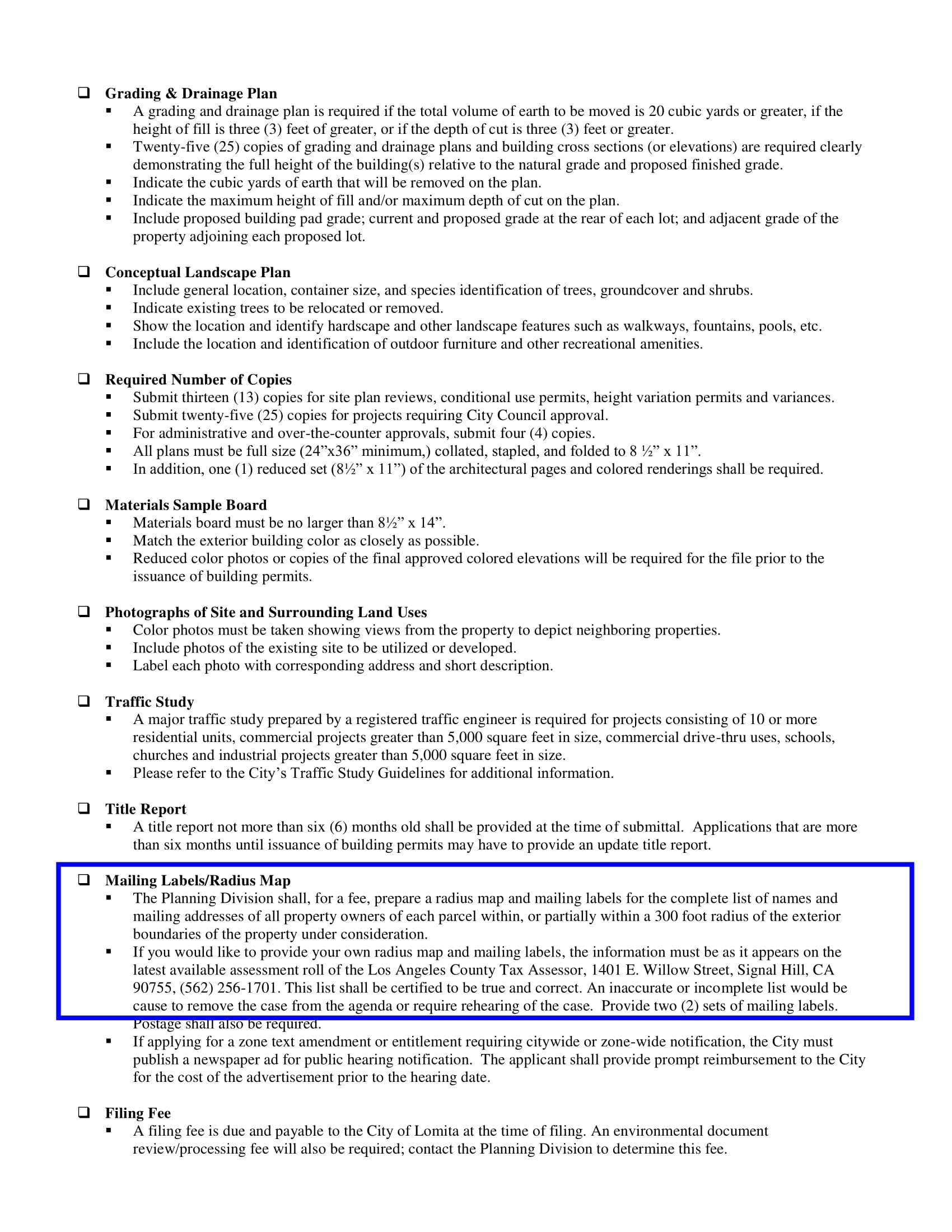 Filing requirements for Lomita showing certified property owner list, mailing labels, and affidavit details
