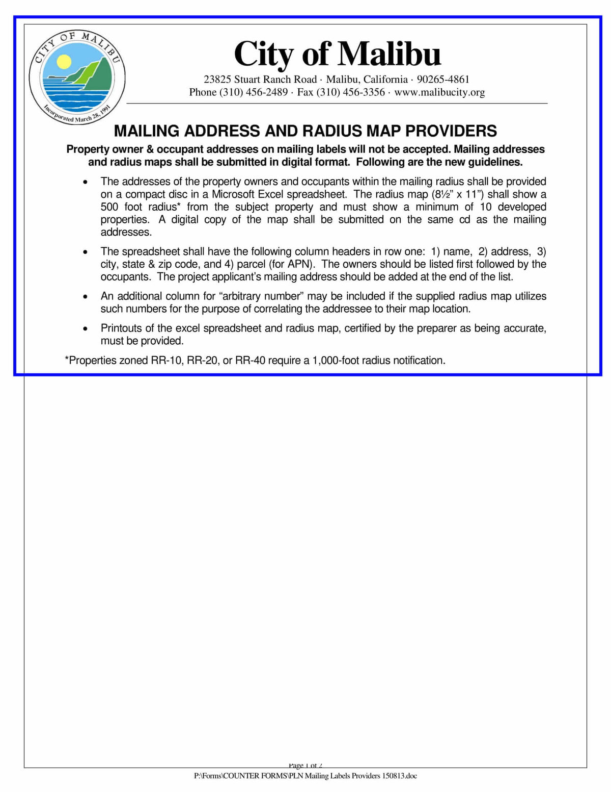 Malibu 500 Foot Radius Map Excel Spreadsheet Requirements