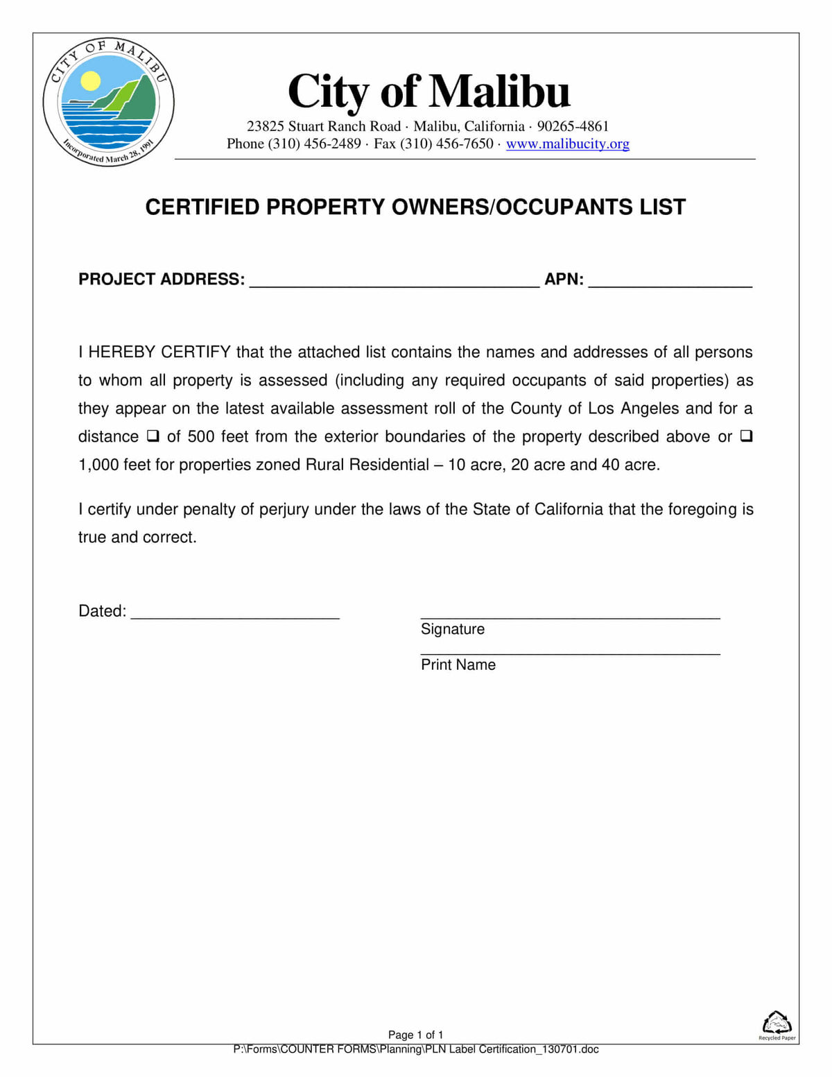 Malibu Certified Property Owners Occupants List Affidavit