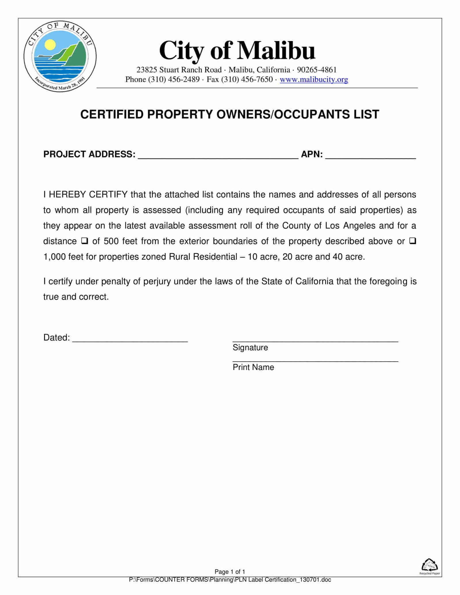 Malibu Certified Property Owners Occupants List Affidavit
