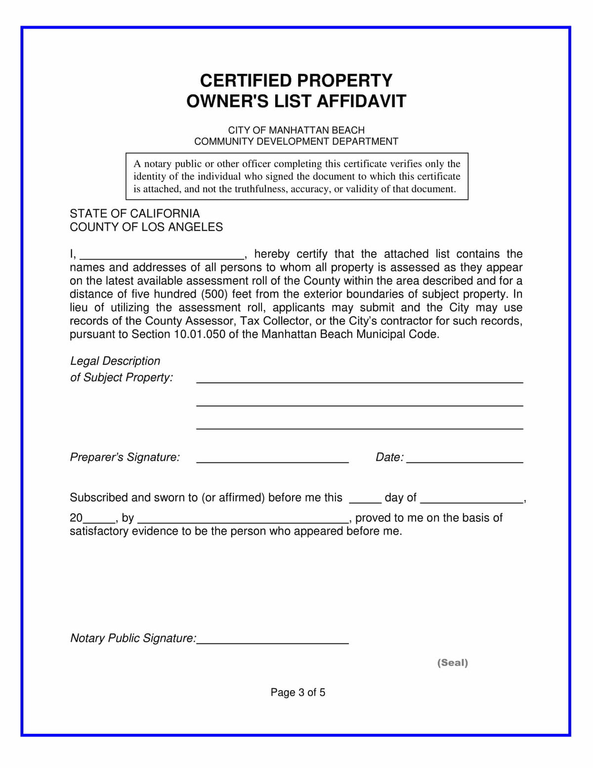 Notarized affidavit certifying property owners list for Manhattan Beach public hearing notifications from LA County assessment records