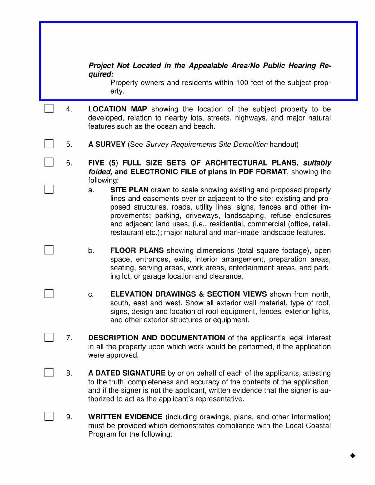 Complete coastal development permit submittal requirements including site plans, surveys, architectural drawings and local coastal program compliance for Manhattan Beach