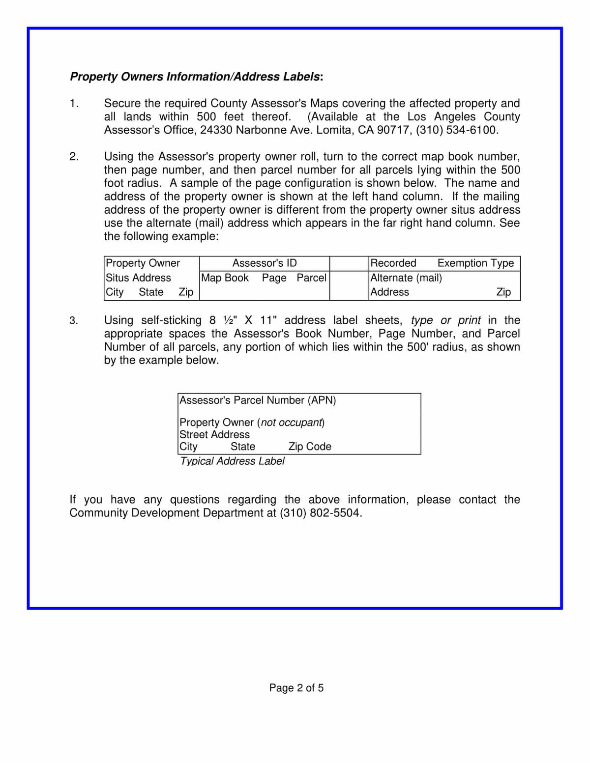 Sample address label format showing property owner names, addresses, APN numbers and assessor information for 500 foot radius notification