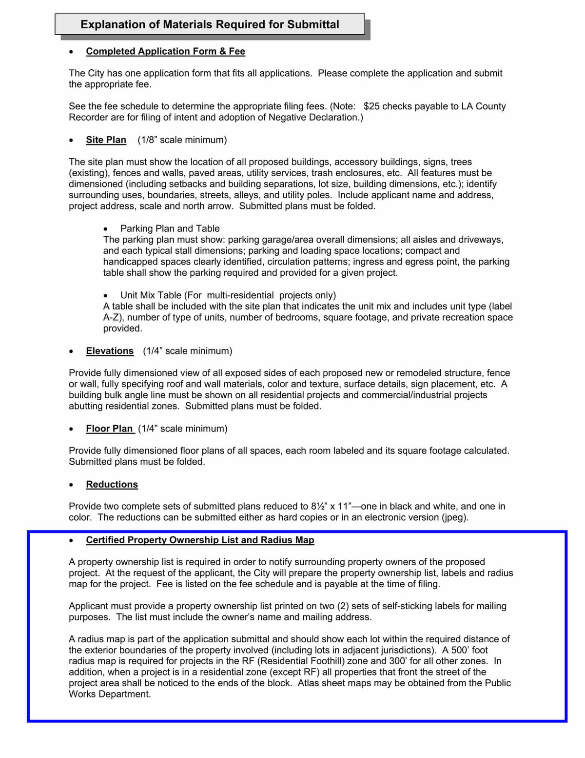 Requirements for certified property ownership list with self-sticking labels and 400 foot radius map for Monrovia residential development applications