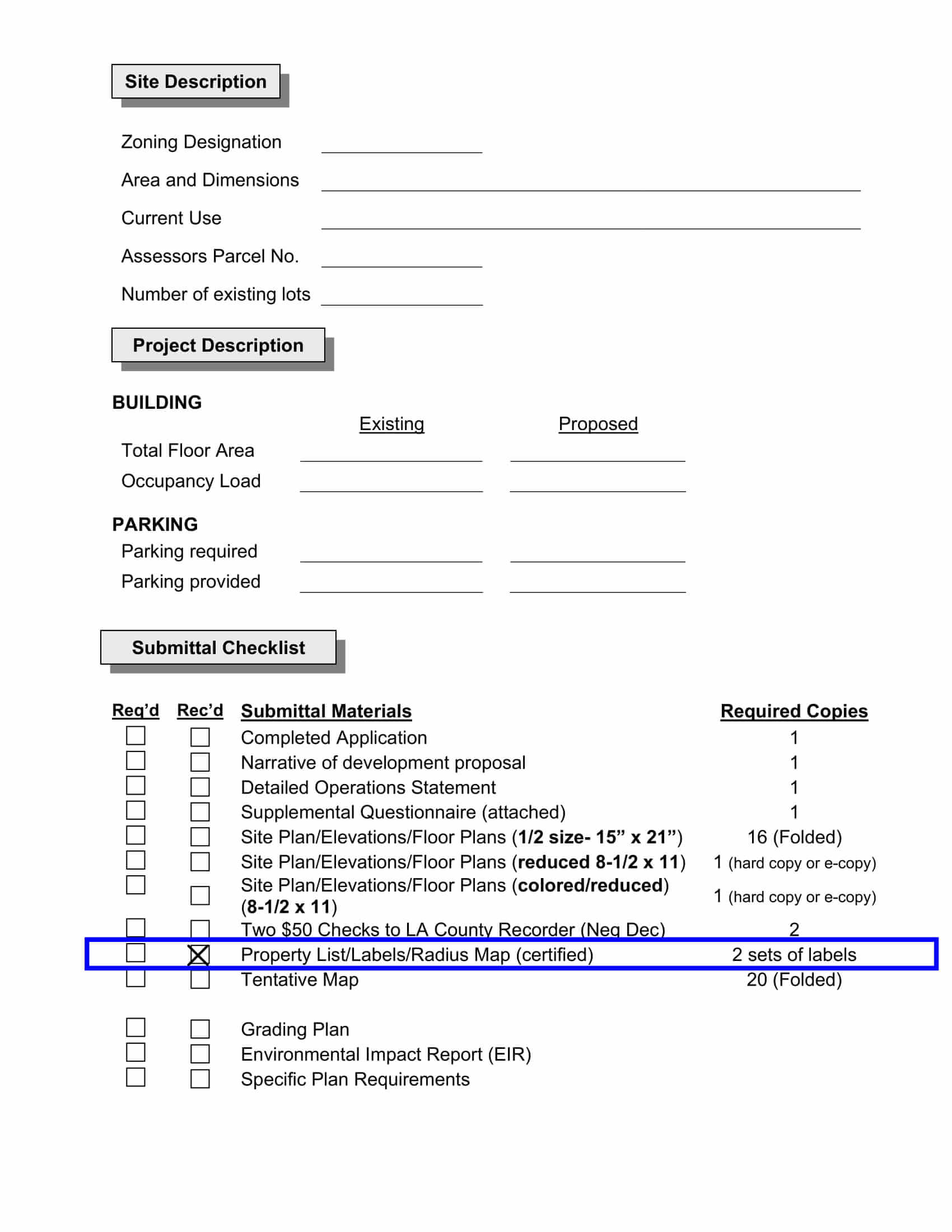 Submittal checklist showing required 400 foot radius map, property ownership list and two sets of labels for Monrovia Level 6 DRC residential projects