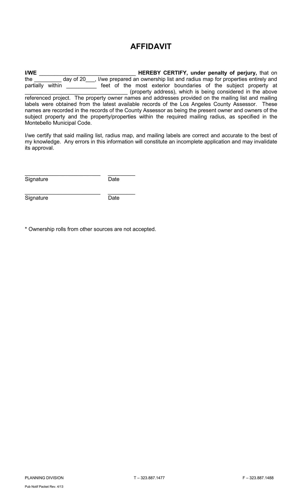 Affidavit certifying accuracy of radius map and mailing list under penalty of perjury for Montebello public notification requirements from LA County Assessor