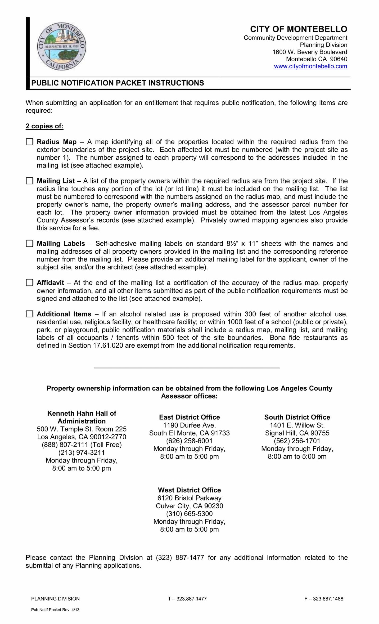 Complete instructions for preparing radius map, mailing list, self-adhesive labels and affidavit for Montebello entitlement applications requiring public notice