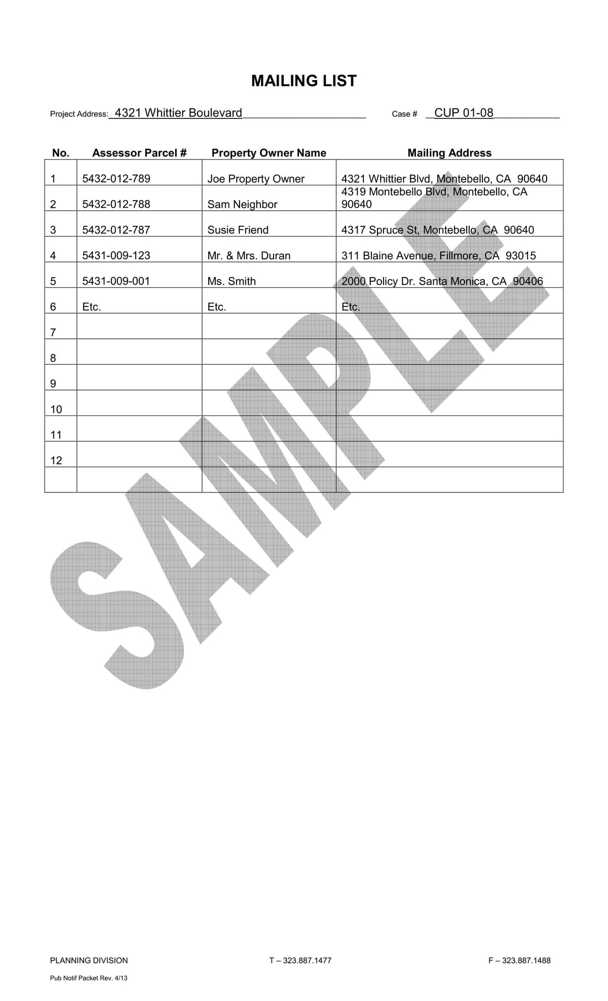 Sample mailing list showing Assessor Parcel numbers, property owner names and mailing addresses for Montebello CUP 01-08 project notification compliance
