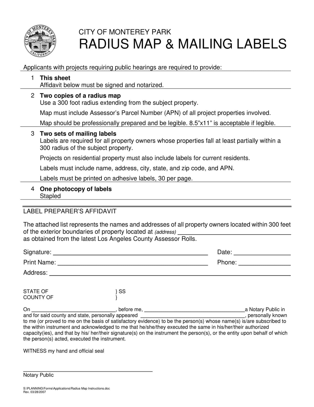 Complete requirements for 300 foot radius map, adhesive mailing labels (30 per page), resident notification and notarized label preparer's affidavit for Monterey Park public hearing applications