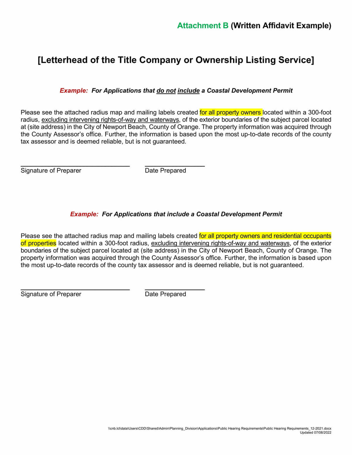 Newport Beach Written Affidavit Example Ownership Listing Service 300-foot radius mailing labels