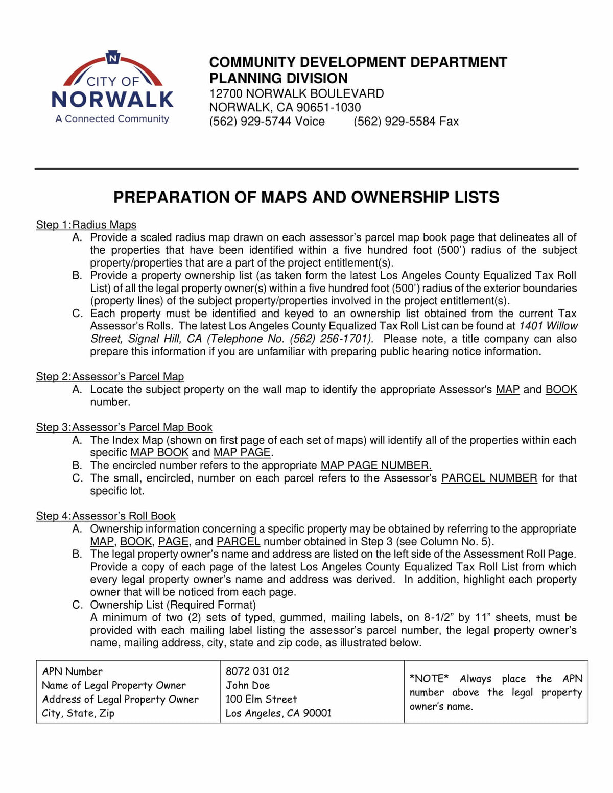 Step-by-step guidelines for preparing 500 foot radius maps, Assessor's Parcel Map Book references, ownership lists from LA County Tax Roll and gummed labels for Norwalk public hearing applications