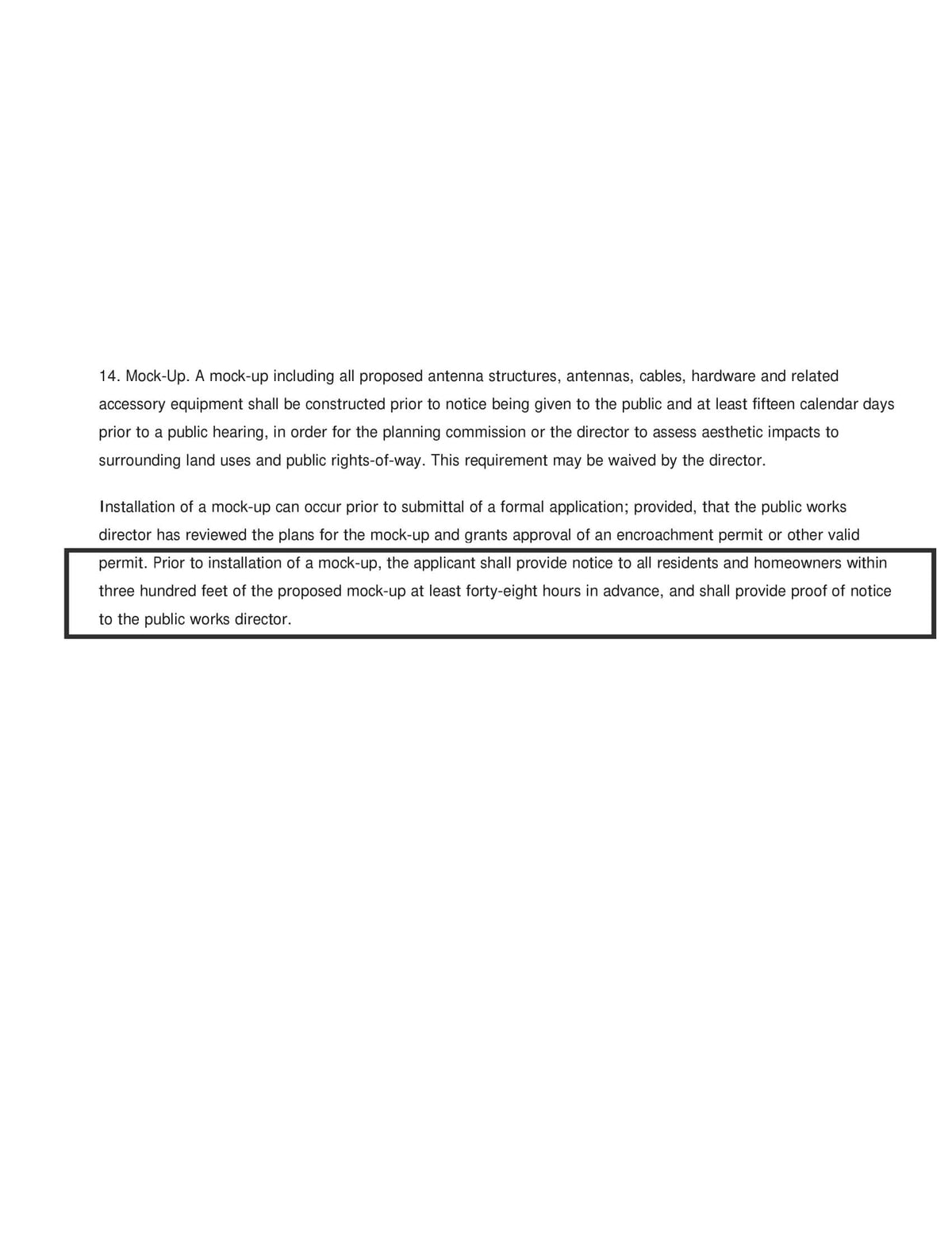 Notice requirement for ROW cell site projects in Palos Verdes Estates showing 300-foot property owner notification rule