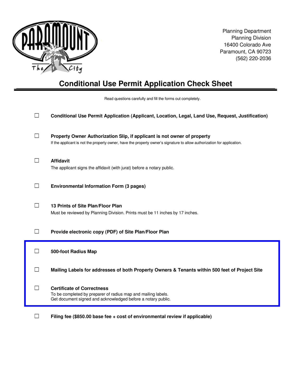 City of Paramount Conditional Use Permit checklist requiring 500-foot radius map, mailing labels, and Certificate of Correctness